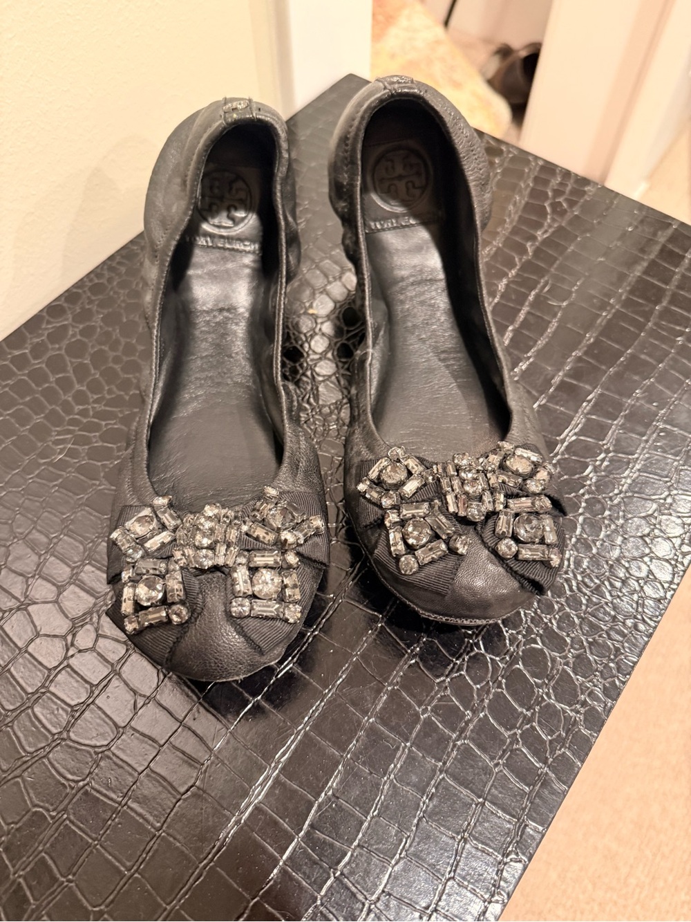 Tory Burch Black Jeweled Bow Leather Flats